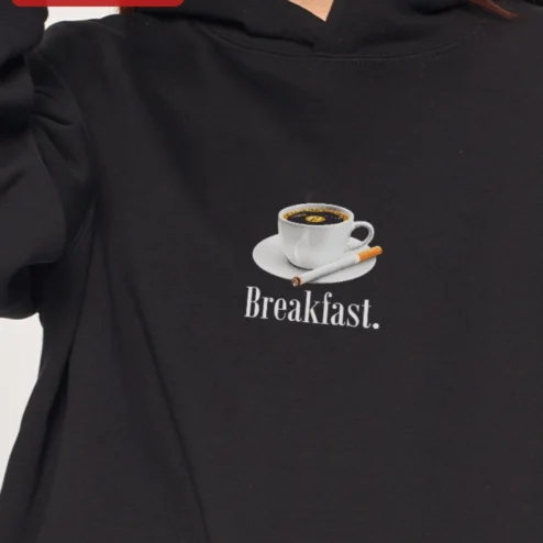 Customer in Chicago, Illinois wearing Breakfast Coffee and Cigarettes Hoodie Dark Humor Sarcastic Graphic Sweatshirt for Women Men