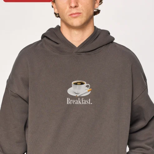 Close-up of Breakfast Coffee and Cigarettes Hoodie Dark Humor Sarcastic Graphic Sweatshirt for Women Men for streetwear fans in Chicago, Illinois
