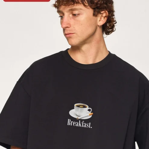 Breakfast Coffee Cigarette Graphic Tee Funny Morning Routine Shirt for Women Men on a hanger, ready to ship from Chicago, Illinois
