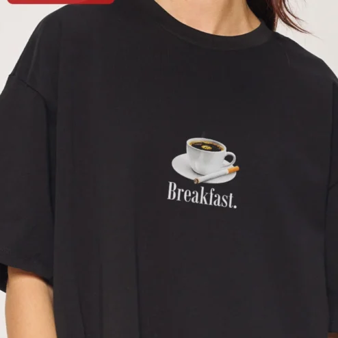 Customer in Chicago, Illinois wearing Breakfast Coffee Cigarette Graphic Tee Funny Morning Routine Shirt for Women Men