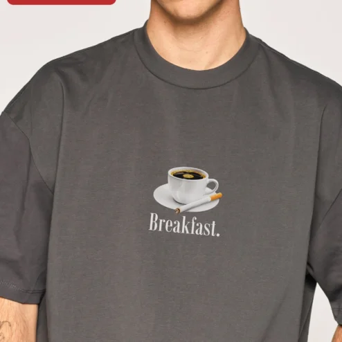 Customer in Chicago, Illinois wearing Breakfast Coffee Cigarette Graphic Tee Funny Morning Routine Shirt for Women Men