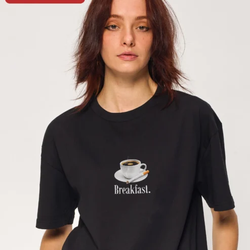 Close-up of Breakfast Coffee Lover Graphic Tee Funny Morning Routine Shirt for Women Men for streetwear fans in Chicago, Illinois