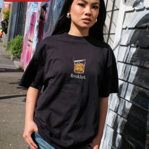 Customer in Chicago, Illinois wearing Breakfast. Funny Whiskey Cigarette Graphic Tee for Adults