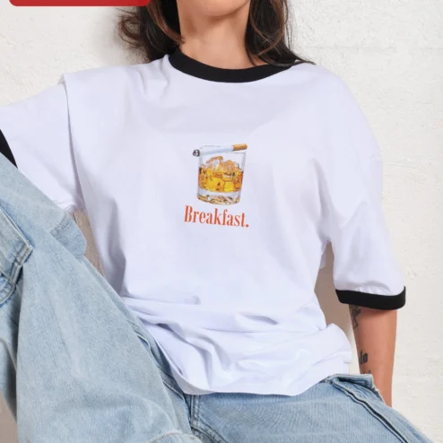 Close-up of Breakfast. Funny Whiskey Cigarette Graphic Tee for Adults for streetwear fans in Chicago, Illinois