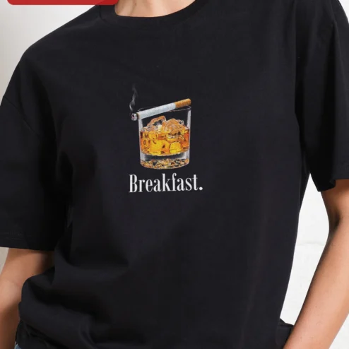 Customer in Chicago, Illinois wearing Breakfast. Funny Whiskey Cigarette Graphic Tee for Adults