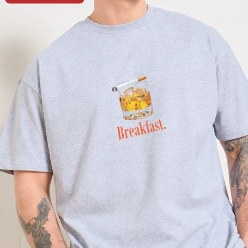 Close-up of Breakfast. Funny Whiskey Cigarette Graphic Tee for Adults for streetwear fans in Chicago, Illinois