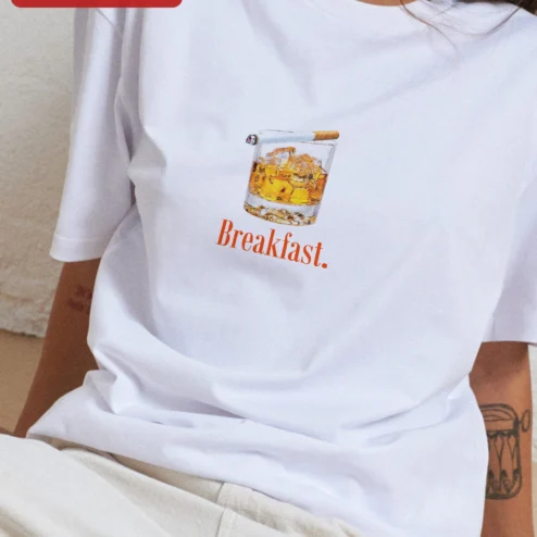 Customer in Chicago, Illinois wearing Breakfast. Funny Whiskey Cigarette Graphic Tee for Adults