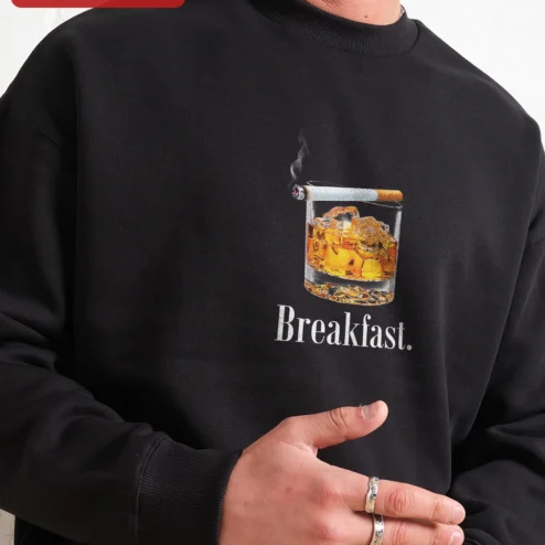 Breakfast Funny Whiskey Drink Crewneck Sweatshirt for Adults on a hanger, ready to ship from Chicago, Illinois