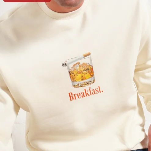 Close-up of Breakfast Funny Whiskey Drink Crewneck Sweatshirt for Adults for streetwear fans in Chicago, Illinois