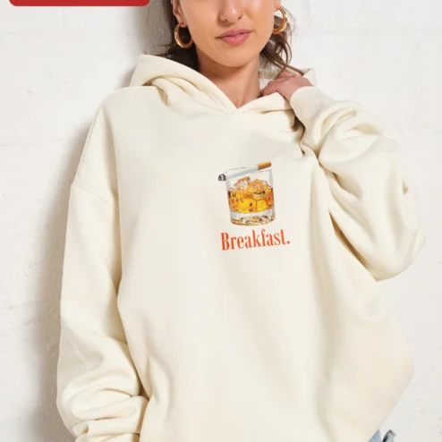Breakfast Hoodie Funny Whiskey Drink Graphic Pullover for Men Women Fall Gift on a hanger, ready to ship from Chicago, Illinois