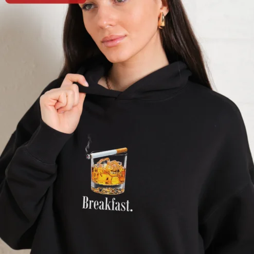 Customer in Chicago, Illinois wearing Breakfast Hoodie Funny Whiskey Drink Graphic Pullover for Men Women Fall Gift