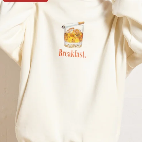 Close-up of Breakfast Hoodie Funny Whiskey Drink Graphic Pullover for Men Women Fall Gift for streetwear fans in Chicago, Illinois
