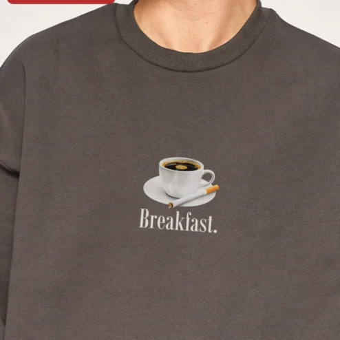 Close-up of Breakfast Sweatshirt Coffee and Cigarettes Minimalist Black Crewneck Gift for Women for streetwear fans in Chicago, Illinois