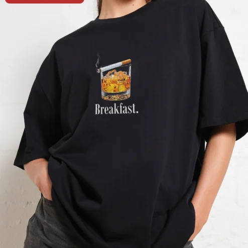 Customer in Chicago, Illinois wearing Breakfast. Whiskey and Cigarette Graphic Tee for Adults