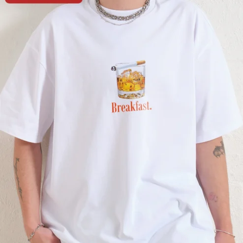 Close-up of Breakfast. Whiskey and Cigarette Graphic Tee for Adults for streetwear fans in Chicago, Illinois