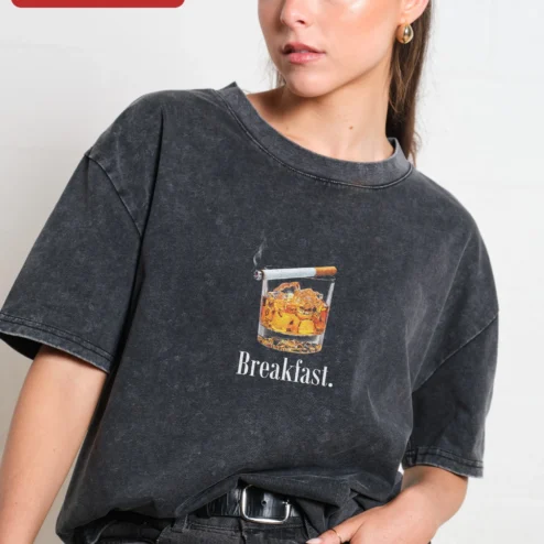 Breakfast Whiskey Glass Acid Wash Tee Funny Sarcastic Drink Shirt for Adults on a hanger, ready to ship from Chicago, Illinois