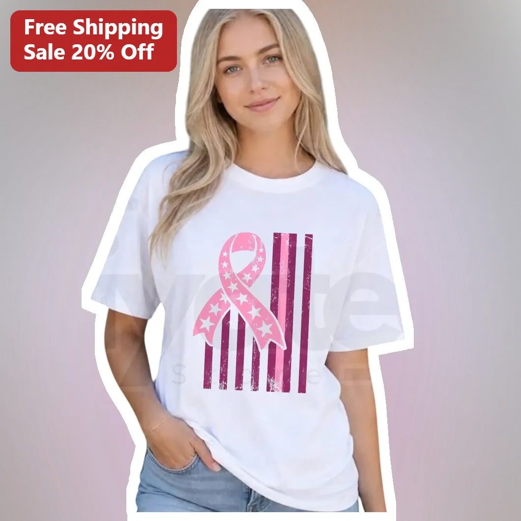 Breast Cancer Awareness Flag Ribbon Tee Pink Ribbon Patriotic American Flag Design Women's Shirt for October Awareness Month