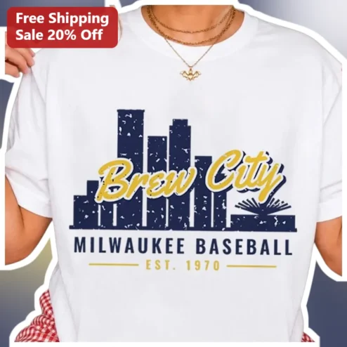 Brew City Milwaukee Baseball Est. 1970 Vintage Distressed Skyline Tee
