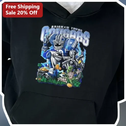 Brigham Young Cougars Hoodie Black Robot Football Player vs Leprechaun St. Patrick's Day BYU Merch