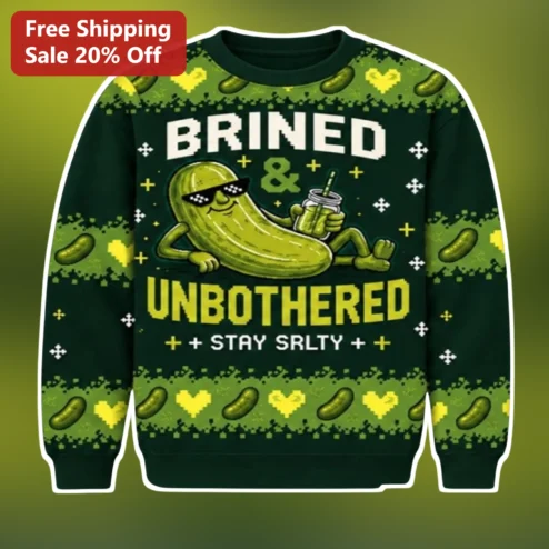 Brined Unbothered Stay Salty Pickle Sweatshirt Funny Ugly Christmas Gift for Foodies