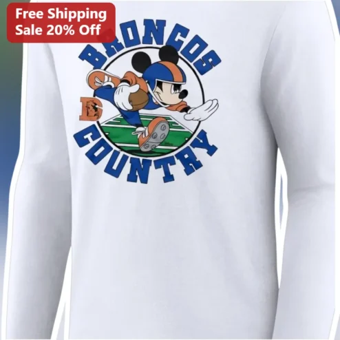 BRONCOS COUNTRY Mickey Mouse Long Sleeve Shirt Denver Broncos NFL Fan Apparel