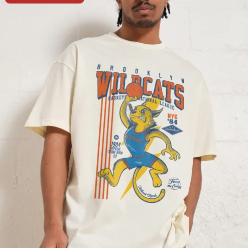 Brooklyn Wildcats Basketball National League NYC '84 Vintage Retro Tee on a hanger, ready to ship from Chicago, Illinois