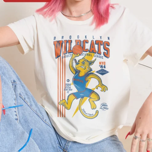 Brooklyn Wildcats Basketball Vintage Retro Graphic Tee NYC 84 Championship Style on a hanger, ready to ship from Chicago, Illinois