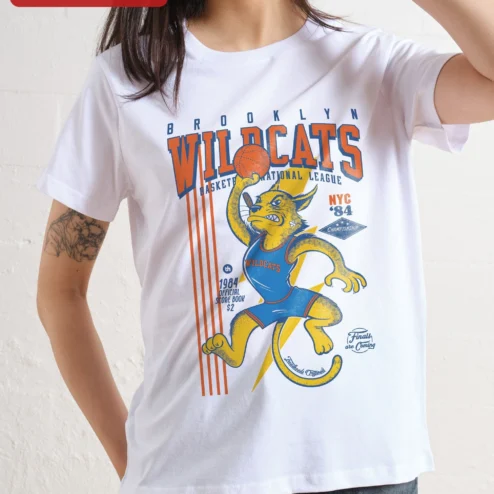 Customer in Chicago, Illinois wearing Brooklyn Wildcats Basketball Vintage Retro Graphic Tee NYC 84 Championship Style