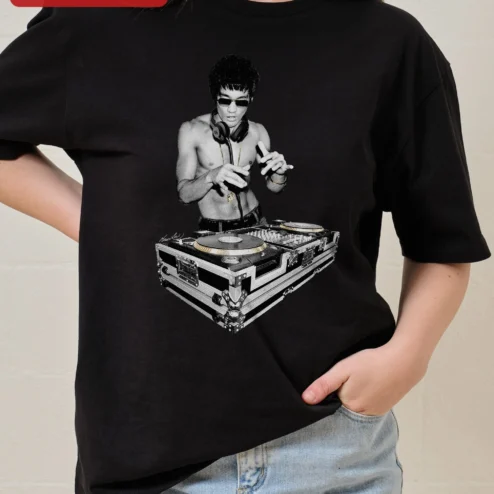 Bruce Lee DJ Tee Martial Arts Pop Culture Mashup Graphic T-Shirt for Men Women on a hanger, ready to ship from Chicago, Illinois