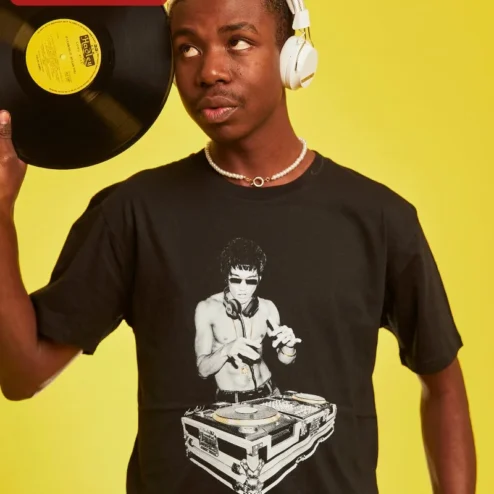 Close-up of Bruce Lee DJ Tee Martial Arts Pop Culture Mashup Graphic T-Shirt for Men Women for streetwear fans in Chicago, Illinois