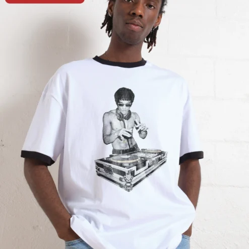 Customer in Chicago, Illinois wearing Bruce Lee DJ Tee Martial Arts Pop Culture Mashup Graphic T-Shirt for Men Women