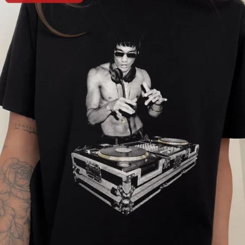 Close-up of Bruce Lee DJ Tee Martial Arts Pop Culture Mashup Graphic T-Shirt for Men Women for streetwear fans in Chicago, Illinois