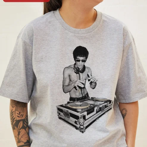 Customer in Chicago, Illinois wearing Bruce Lee DJ Tee Martial Arts Pop Culture Mashup Graphic T-Shirt for Men Women