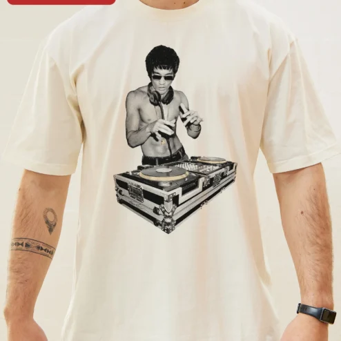 Close-up of Bruce Lee DJ Tee Martial Arts Pop Culture Mashup Graphic T-Shirt for Men Women for streetwear fans in Chicago, Illinois