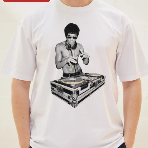 Customer in Chicago, Illinois wearing Bruce Lee DJ Tee Martial Arts Pop Culture Mashup Graphic T-Shirt for Men Women