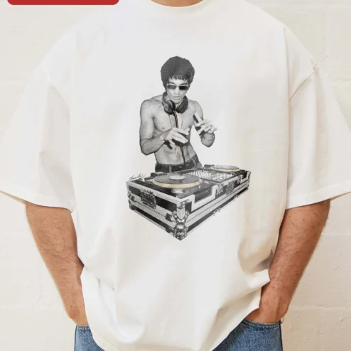 Bruce Lee DJ Tee Retro Martial Arts Legend Graphic T-Shirt for Men Women on a hanger, ready to ship from Chicago, Illinois