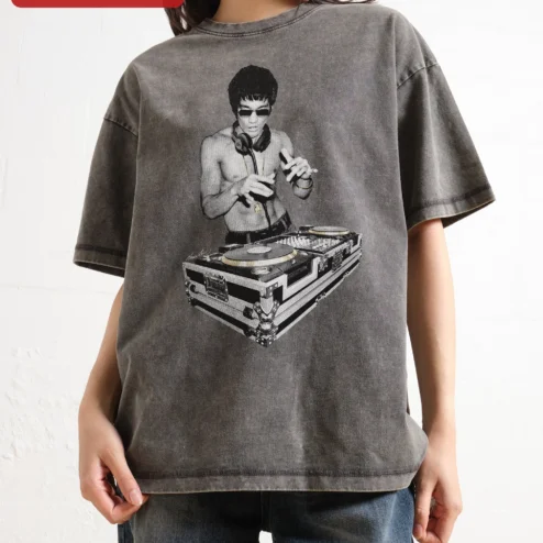 Bruce Lee DJ Vintage Graphic Tee Acid Wash Martial Arts Music Lover Shirt on a hanger, ready to ship from Chicago, Illinois