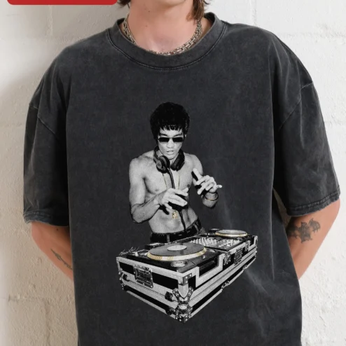 Bruce Lee DJ Vintage Graphic Tee Acid Wash Martial Arts Music Lover Shirt
