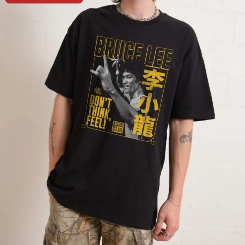 Bruce Lee Don't Think Feel Quote Graphic Tee Martial Arts Philosophy Gift on a hanger, ready to ship from Chicago, Illinois