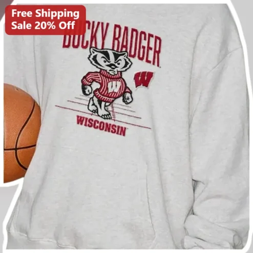 Bucky Badger Wisconsin Sweatshirt UW Madison Alumni Gift Retro Collegiate Mascot Apparel available at our Chicago, Illinois warehouse