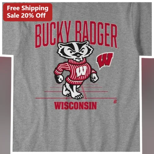 Bucky Badger Wisconsin Tee UW Madison Mascot Shirt Game Day Apparel
