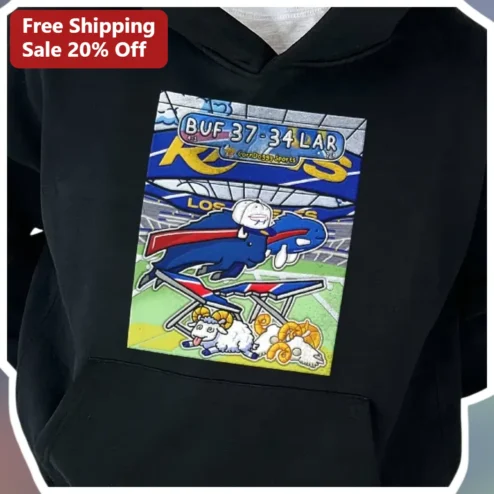 BUF 37-34 LAR Buffalo Bills vs LA Rams Victory Hoodie Black Cartoon Graphic Pullover for Men