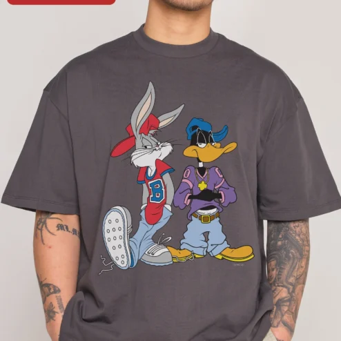 Bugs Bunny Daffy Duck Tee Retro 90s Hip Hop Streetwear Graphic Shirt on a hanger, ready to ship from Chicago, Illinois