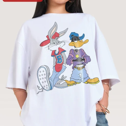 Close-up of Bugs Bunny Daffy Duck Tee Retro 90s Hip Hop Streetwear Graphic Shirt for streetwear fans in Chicago, Illinois