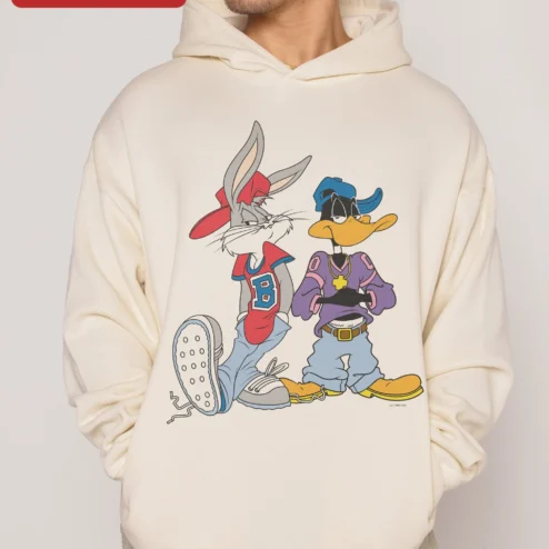 Bugs Bunny Hoodie Retro 90s Streetwear Looney Tunes Daffy Duck Graphic Sweatshirt on a hanger, ready to ship from Chicago, Illinois