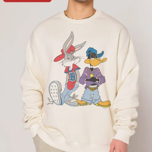 Bugs Bunny Sweatshirt Looney Tunes Daffy Duck 90s Hip Hop Streetwear Crewneck on a hanger, ready to ship from Chicago, Illinois