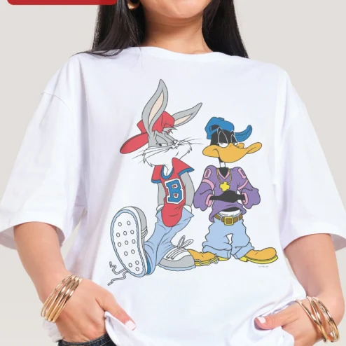 Close-up of Bugs Bunny Tee Looney Tunes Daffy Duck 90s Hip Hop Streetwear Graphic Shirt for streetwear fans in Chicago, Illinois