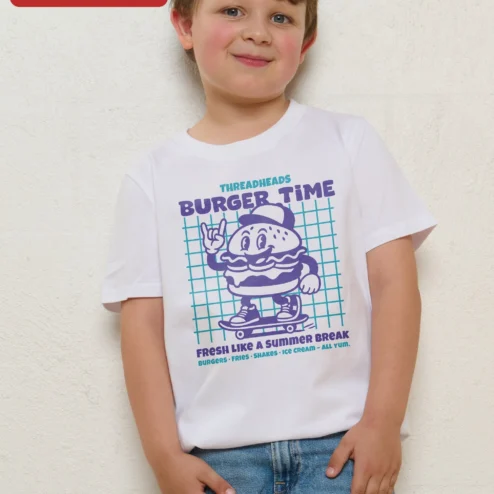 Burger Time Fresh Like A Summer Break Retro Arcade Game Kids Graphic Tee on a hanger, ready to ship from Chicago, Illinois