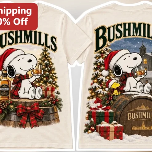 Bushmills Irish Whiskey Snoopy Christmas Tee Funny Holiday Gift for Peanuts Fans