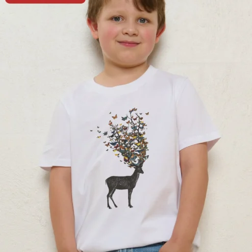 Butterfly Antler Stag Tee Kids Nature Graphic Shirt Whimsical Woodland Animal Apparel Gift on a hanger, ready to ship from Chicago, Illinois